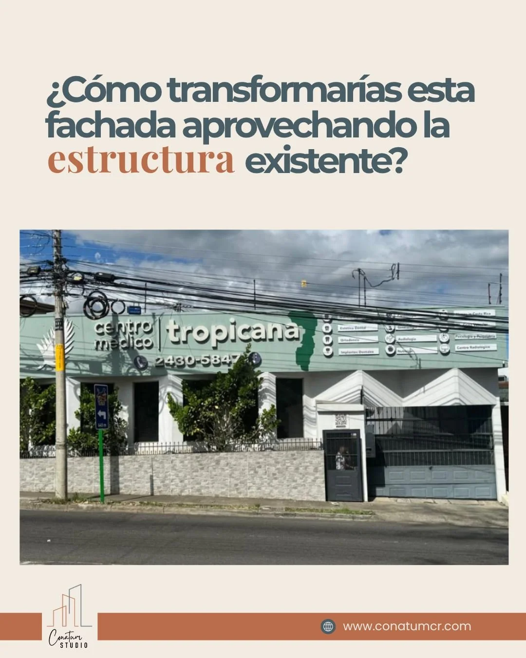 Una fachada tambi&eacute;n comunica lo que sucede dentro de un espacio.

Para Tropicana Centro M&eacute;dico trabajamos una propuesta de renovaci&oacute;n enfocada en ordenar visualmente la fachada, fortalecer su identidad e incorporar nuevos materia