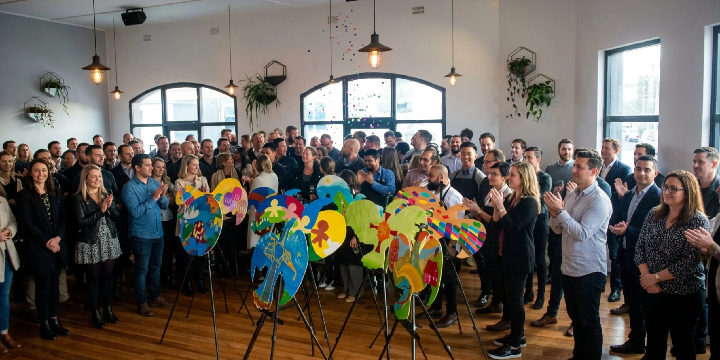 Corporate team celebrating the unveiling of a collaborative Team Mural created during a Mind Gallery workshop.