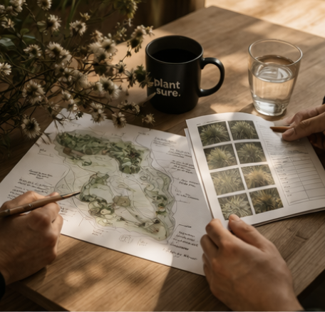 A person reviewing landscape plans and plant photos at a wooden table, with a black coffee mug and a glass of water nearby, and a bouquet of white flowers on the side.