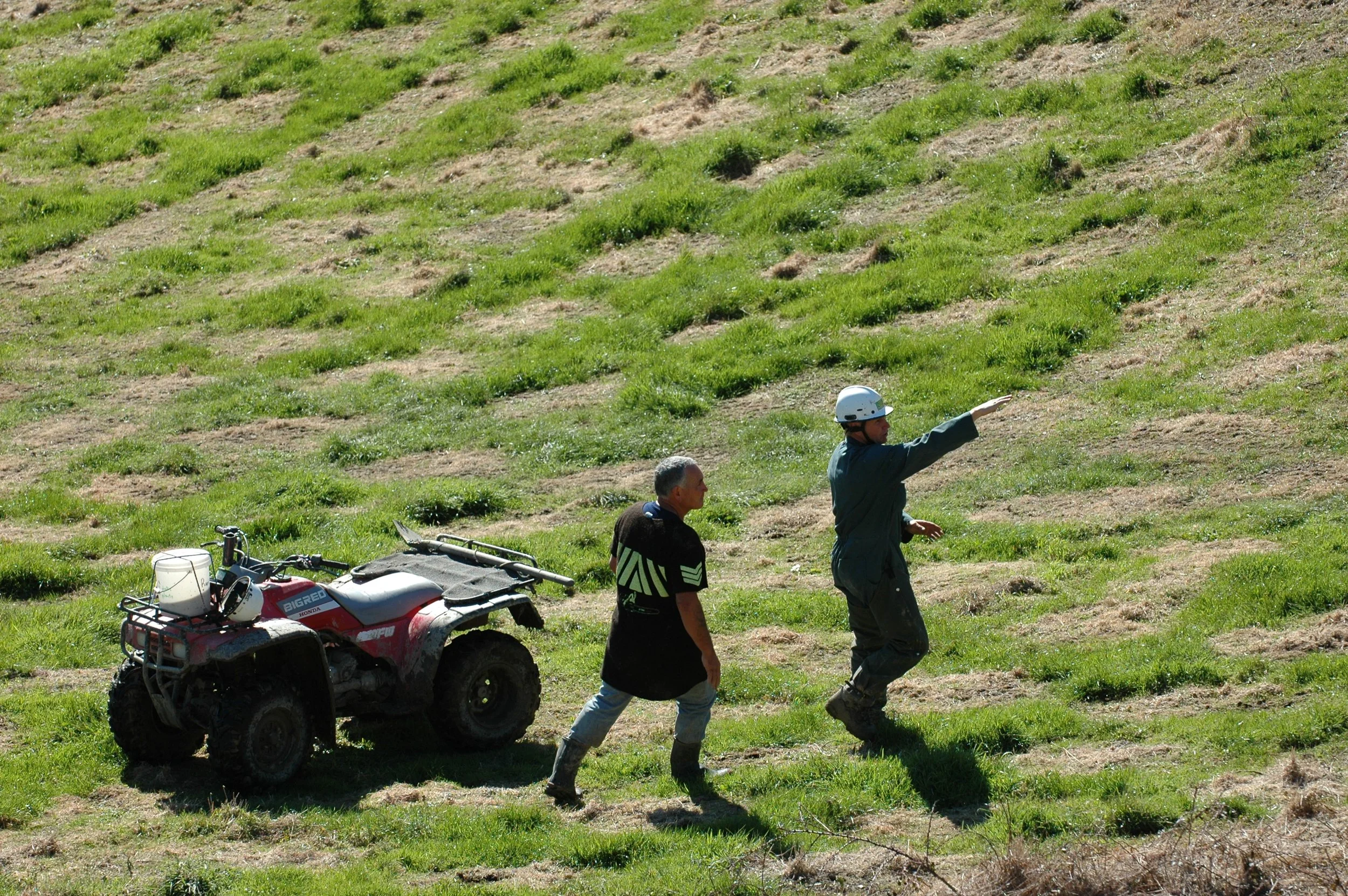 Three men working on a grassy hillside, one pointing out something while wearing a helmet. An ATV with equipment is parked nearby.