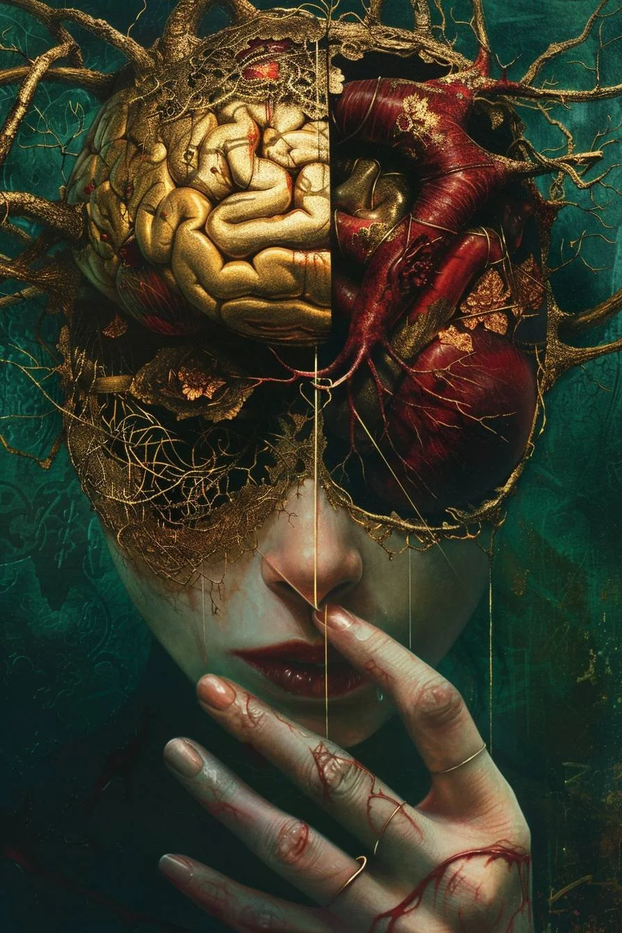 A surreal digital artwork of a woman's face with part of her head replaced by a biomechanical brain and heart, intertwined with gold branches, with her finger touching her lips.