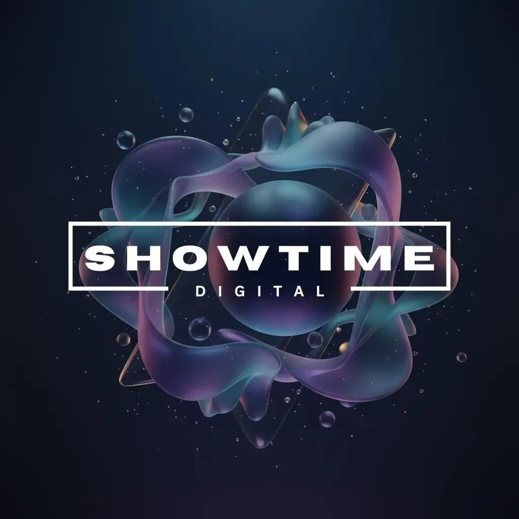 Digital graphic with abstract colorful shapes and orbs, featuring the text 'SHOWTIME DIGITAL' in bold white letters.