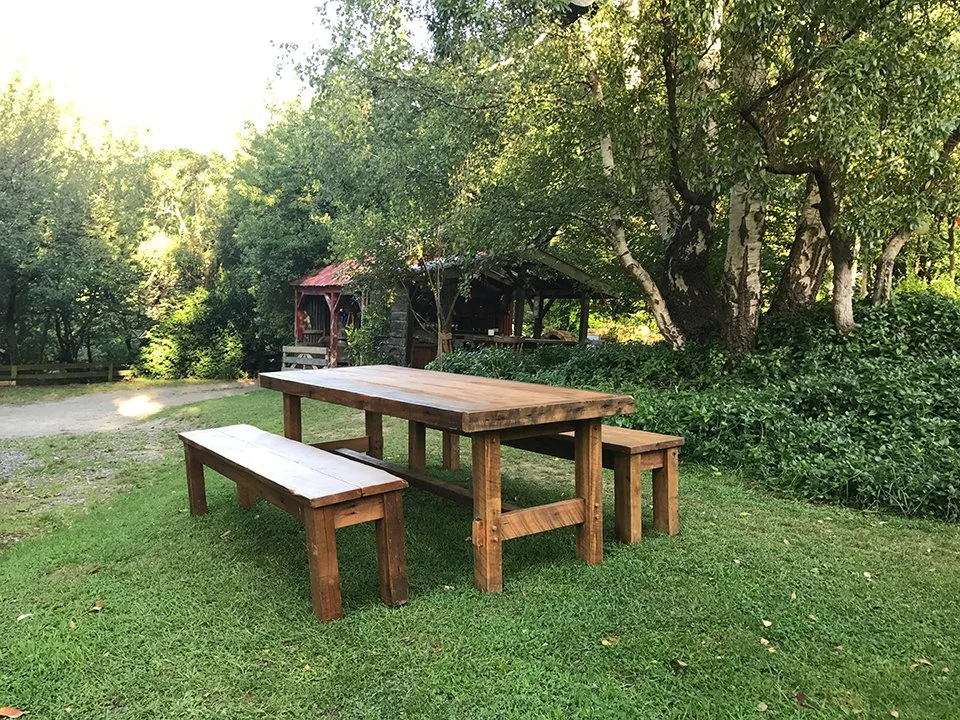 Wooden picnic table and benches on a grassy area surrounded by trees, with a rustic shed in the background.
