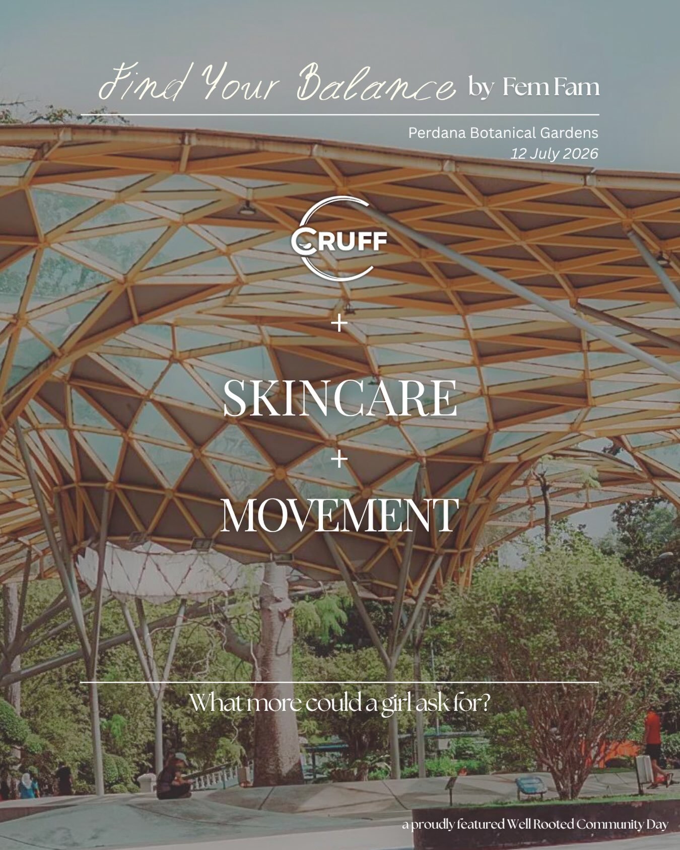 Movement, skincare, CRUFF.

A morning rooted in balance, beauty and crunch with Well Rooted Community Days: 001 at Find Your Balance by Fem Fam.

See you at Perdana Botanical Garden 🤍

#WellRootedCommunityDays #WellRootedAsia #FindYourBalance #FemFa