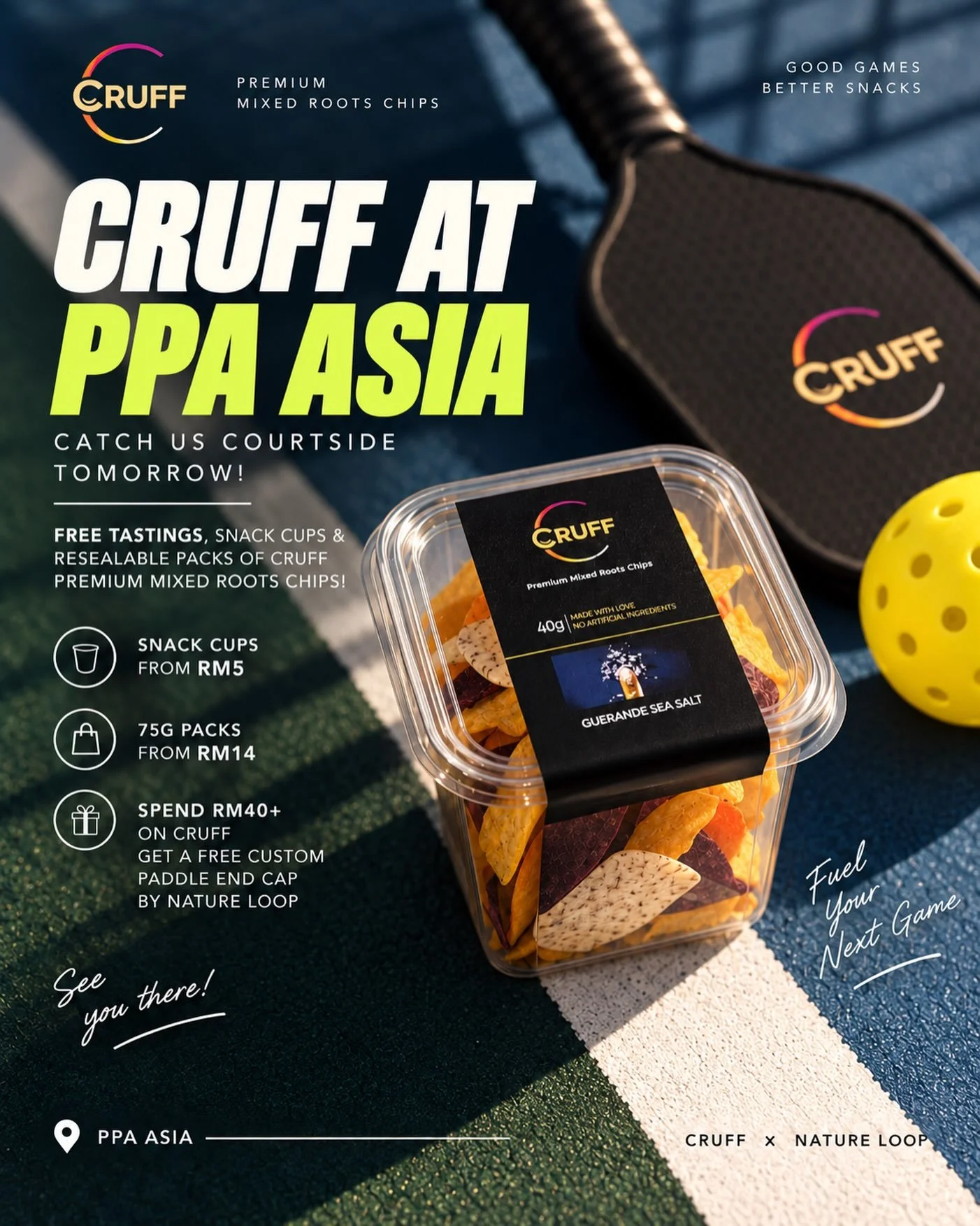 CRUFF is at PPA Asia tomorrow 💚🤎💚🤎

with free tastings, snack cups and our 75g resealable packs!

&bull; Snack cups start at RM5
&bull; 75g packs start at RM14

👀 Spend RM40+ on CRUFF and get a free custom paddle end cap by Nature Loop!!! 🤍

Co
