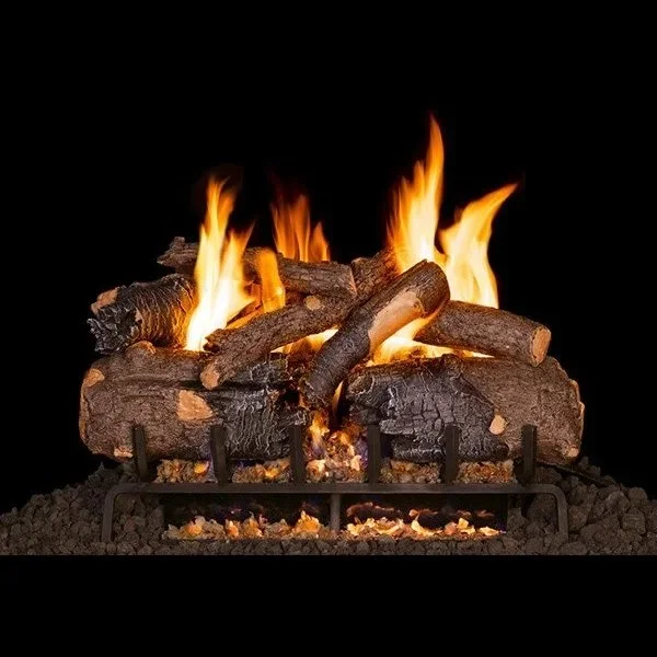 Fireplace with burning logs and flames on a dark background.