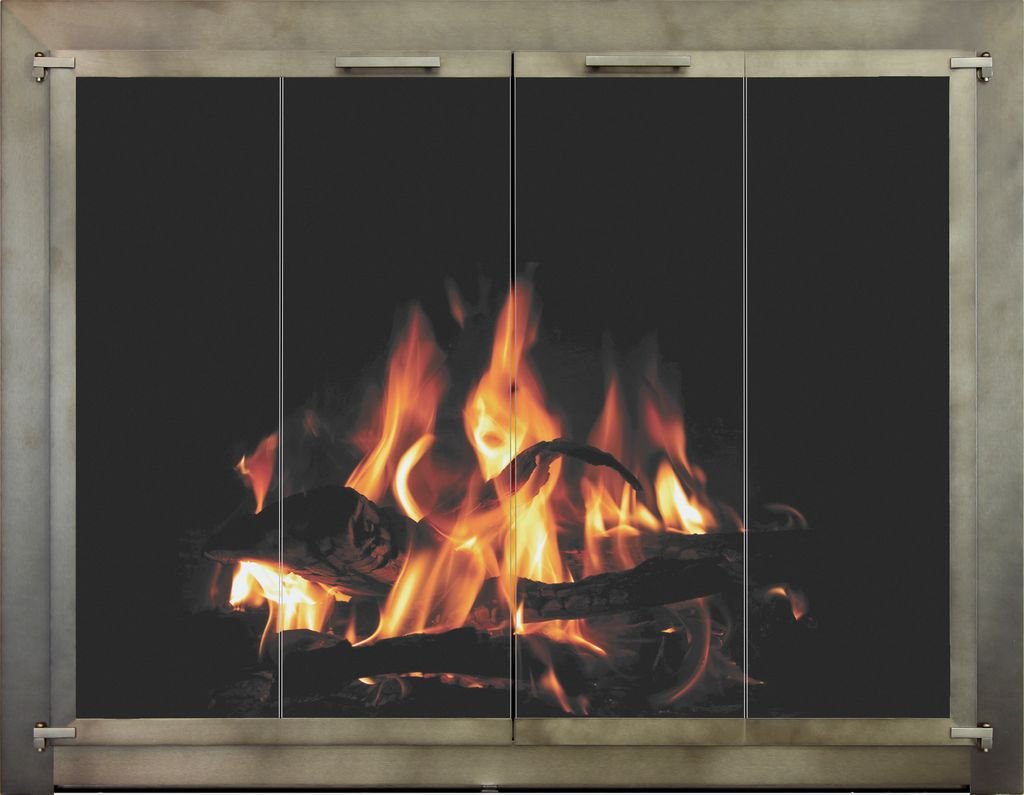 Fire burning with orange and yellow flames against a black background, framed by a metal border.
