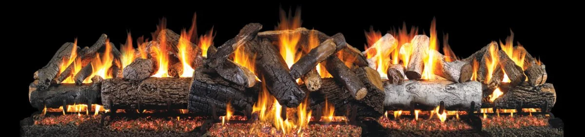 A realistic electric fireplace insert with burning logs and flames against a black background.