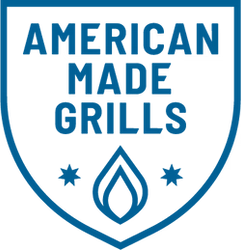 Shield-shaped logo with blue border and text, reading "American Made Grills," featuring a flame icon and two small star-like symbols.