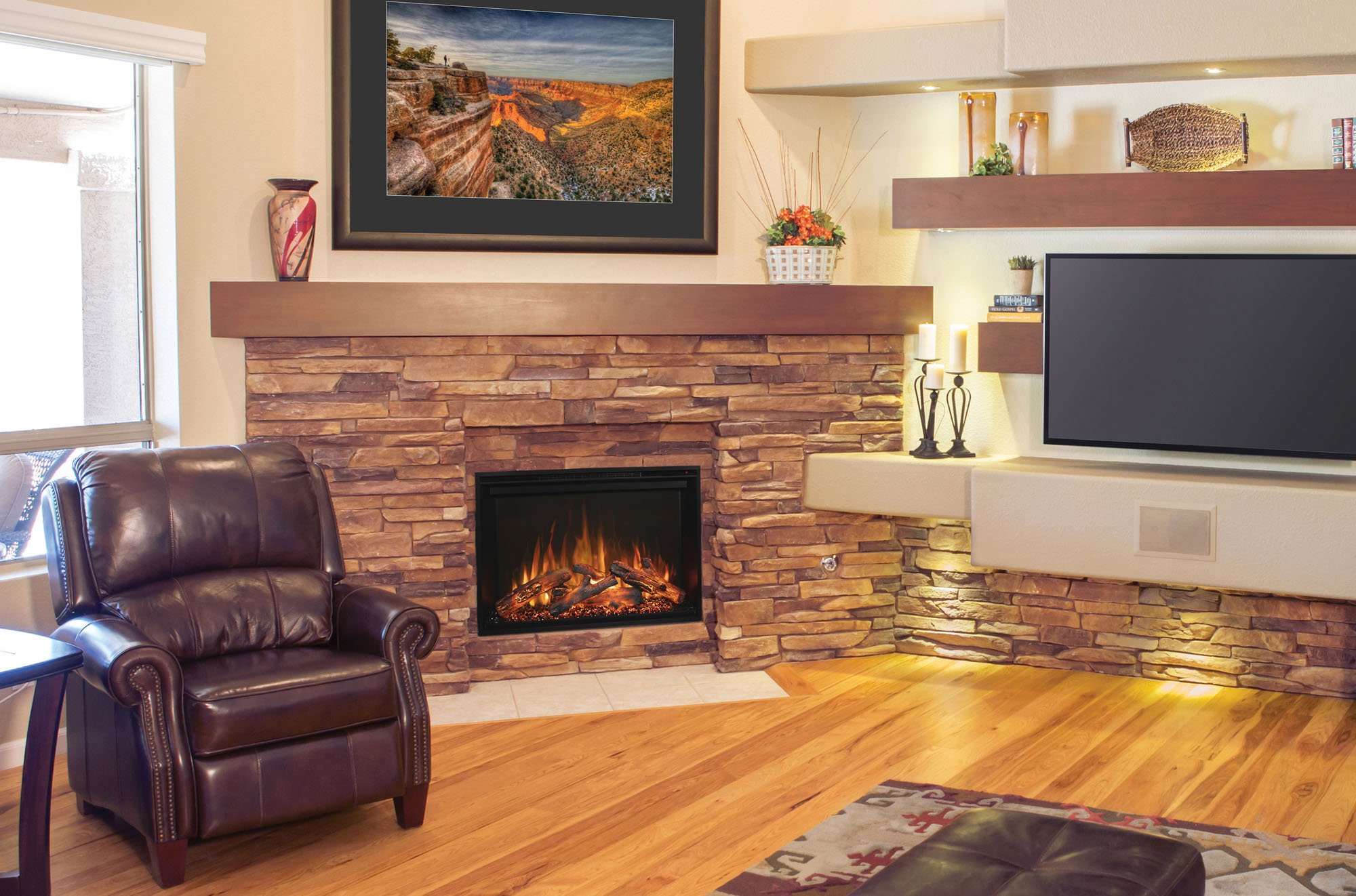 Modern Flames Redstone electric fireplace. The Redstone feature our new Hybrid-FX™ flame technology maximizing the flame height in an enlarged vertical viewing area. Some of the eye-catching features include high intensity RGB independently controlle