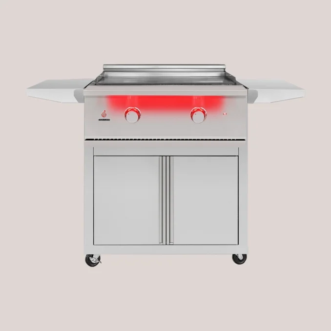 TrueFlame Griddle on portable cart.
Explore new flavors with the premium TrueFlame Gas Griddle. This heavy-duty #304 stainless steel flat top grill diversifies your outdoor kitchen menu with 495 square inches of cooking space and 36,000 BTUs of seari