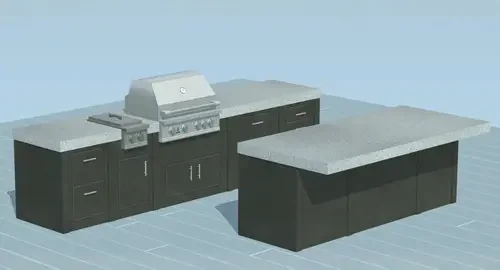 Kitchen with black cabinets, gray countertops, and a white grill, island counter in the foreground.