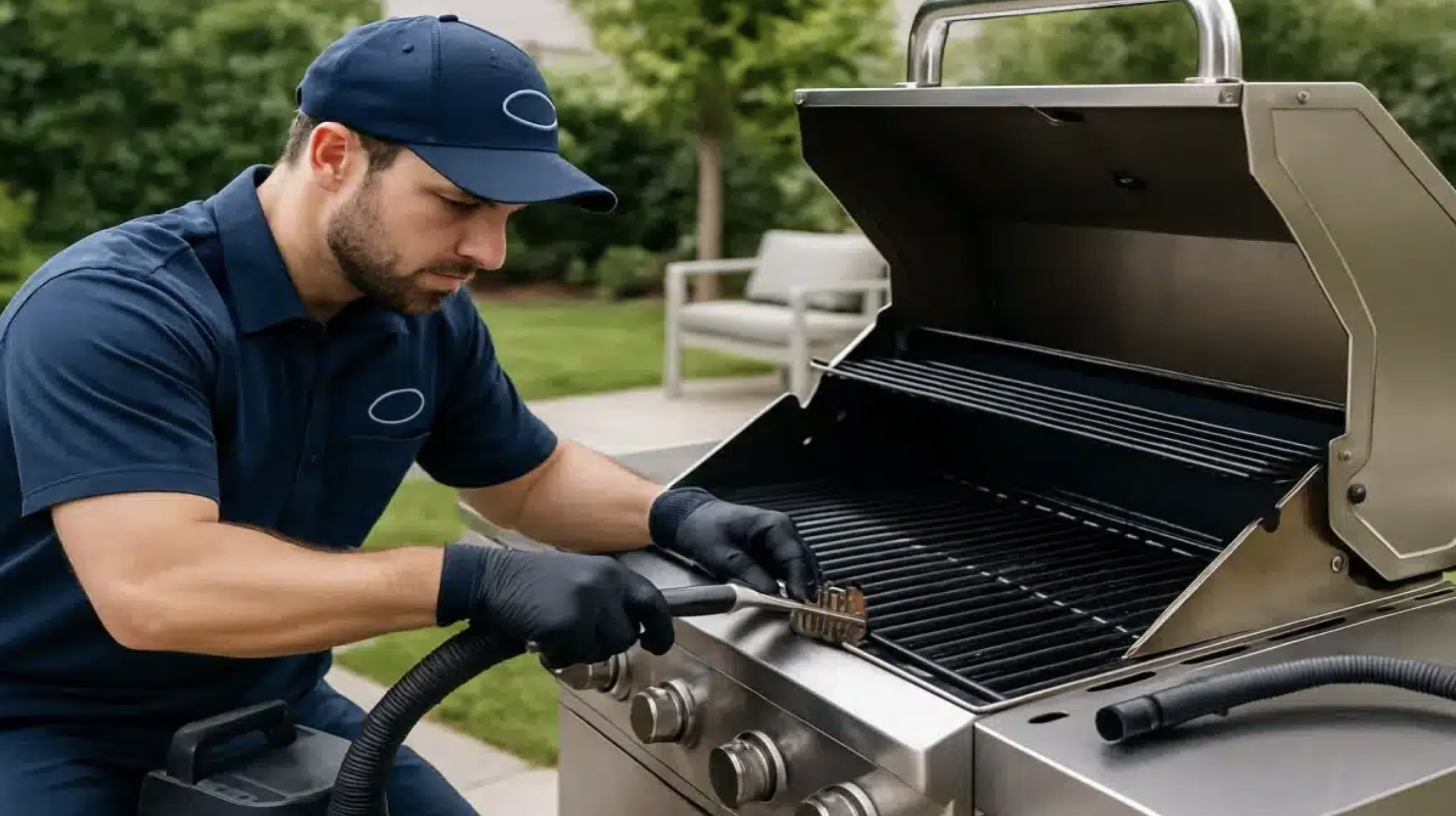 Man cleaning a stainless steel gas grill outside in a green backyard