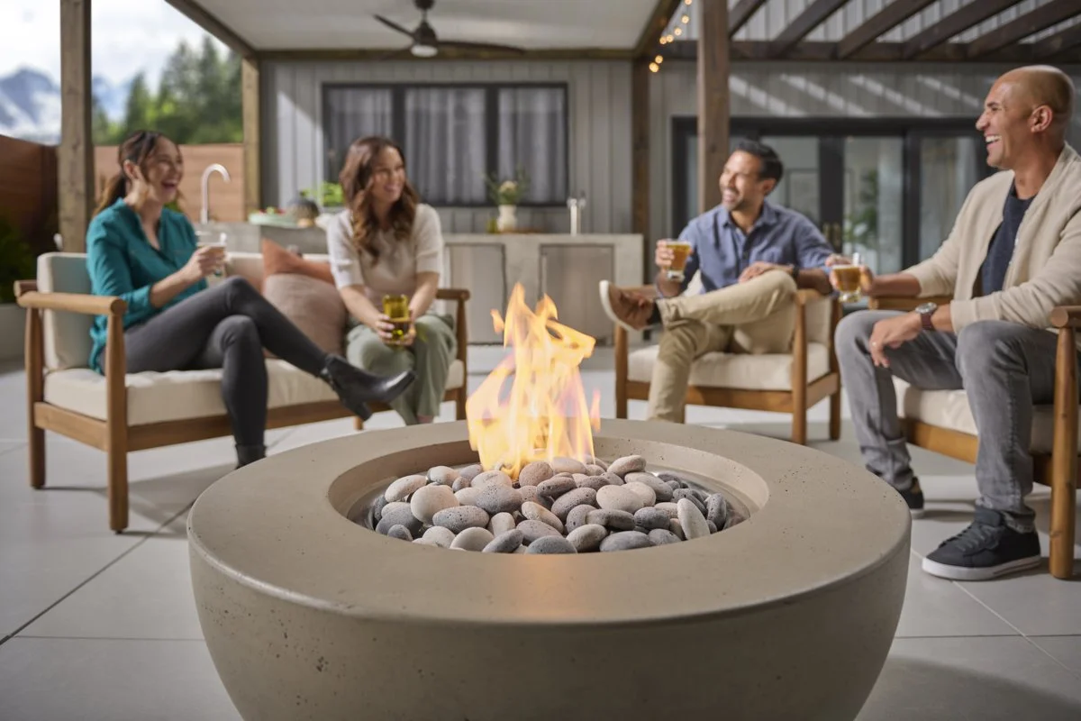 Group of four people sitting around a fire table on a covered patio, enjoying drinks and conversations, with a modern house and mountains in the background.