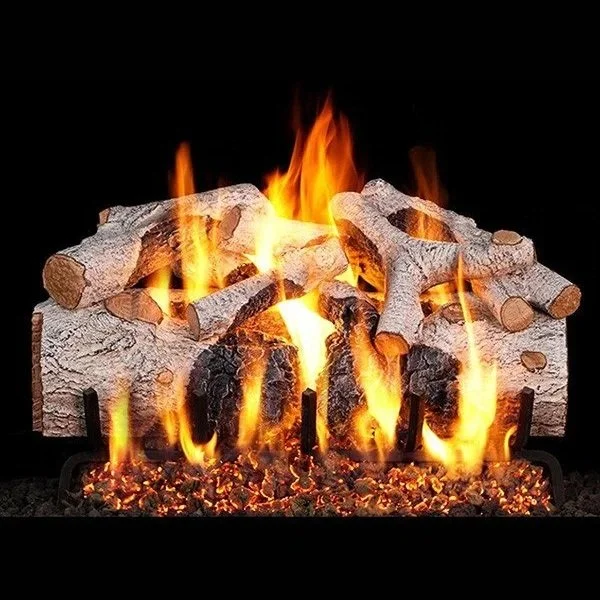 Artificial fireplace with burning logs and flames on a black background.