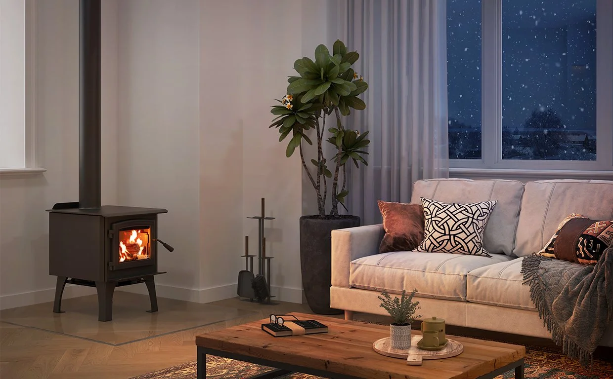 Osburn 950, a small wood stove that will quickly become your cold-season essential.

Equipped with high density bricks, a stainless steel heat shield added to the C-Cast firestop, a top heat deflector to redirect heat in front of the stove as well as