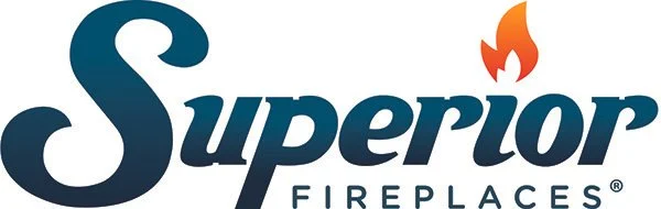 Superior Fireplaces logo with stylized text and a flame icon.