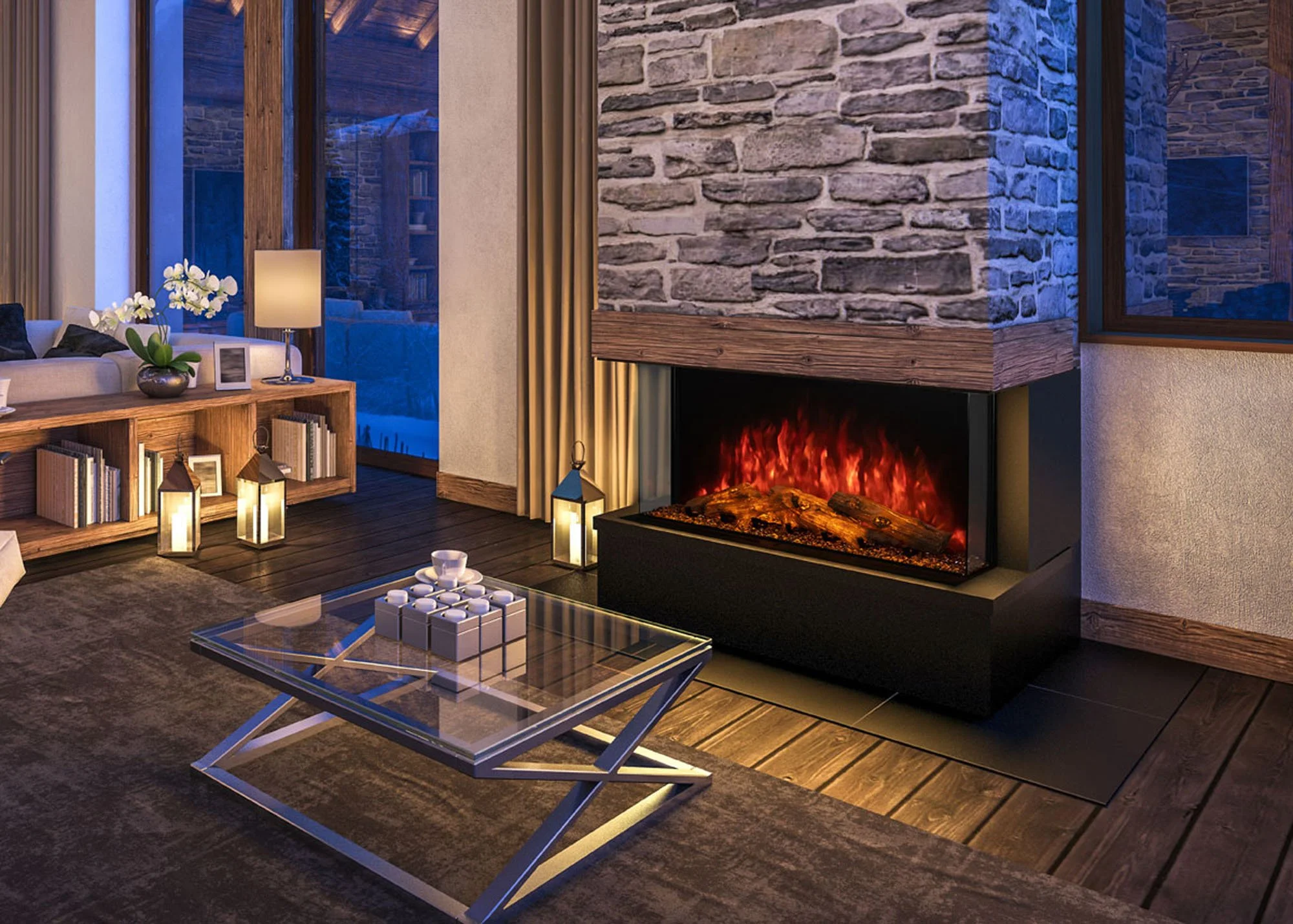 Modern Flame Muti Pro. This modern electric fireplace enhances any space with its sleek design and advanced features, offering flames, downlighting, and ember bed colors across the entire RGB spectrum. Its versatile settings allow for a personalized 