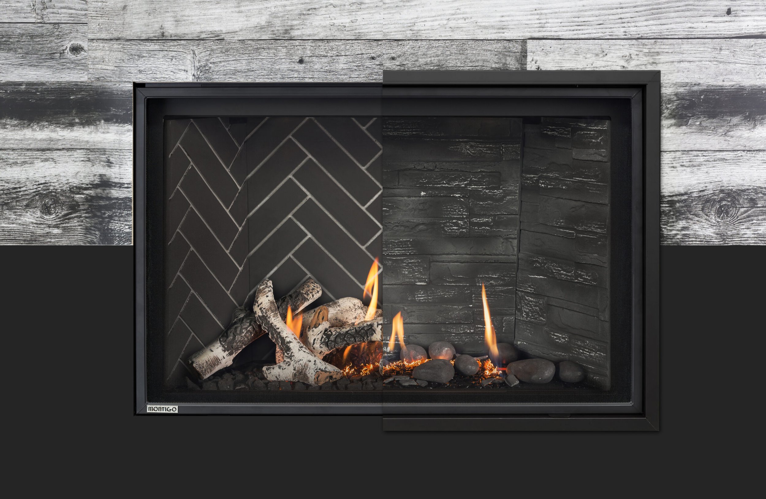 Delray 42" full load can be equipped with a hugr assortment of media. Same fireplace can mix and match media and backing panels