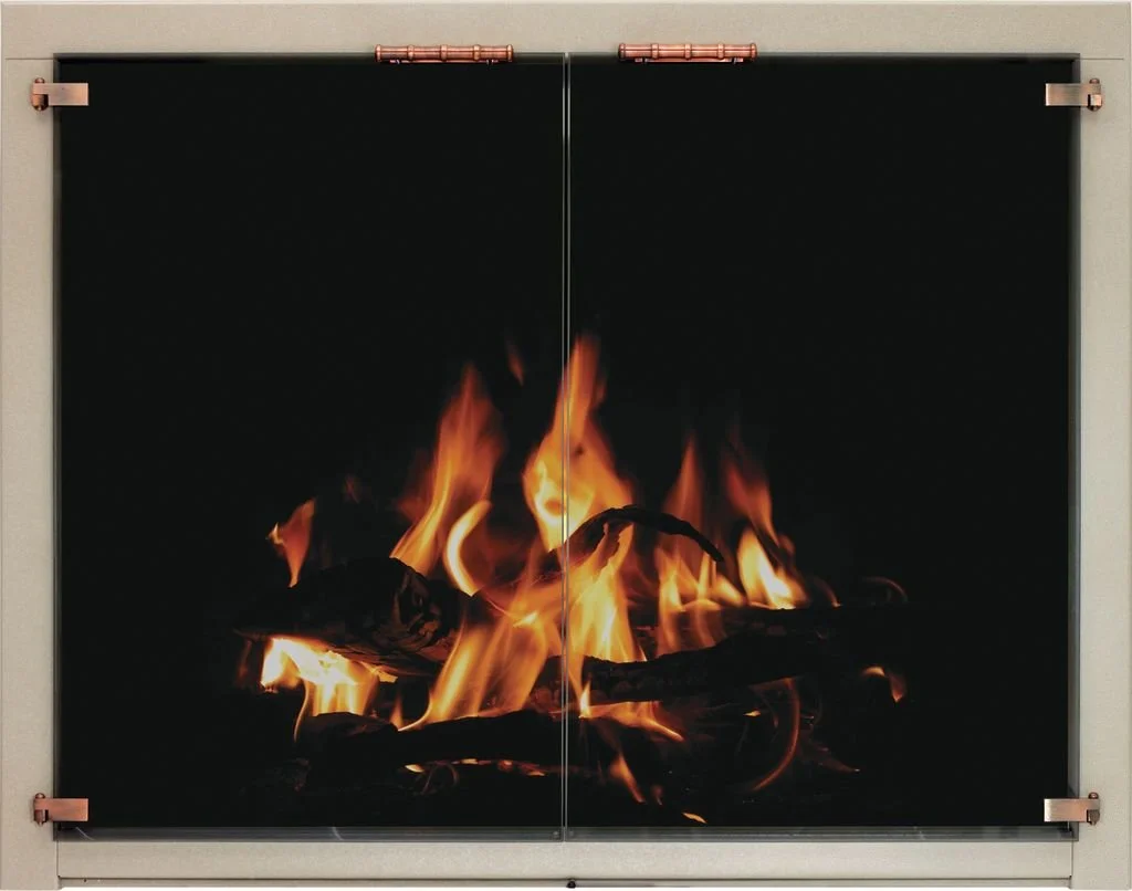 A close-up of a fireplace with burning logs and flames.