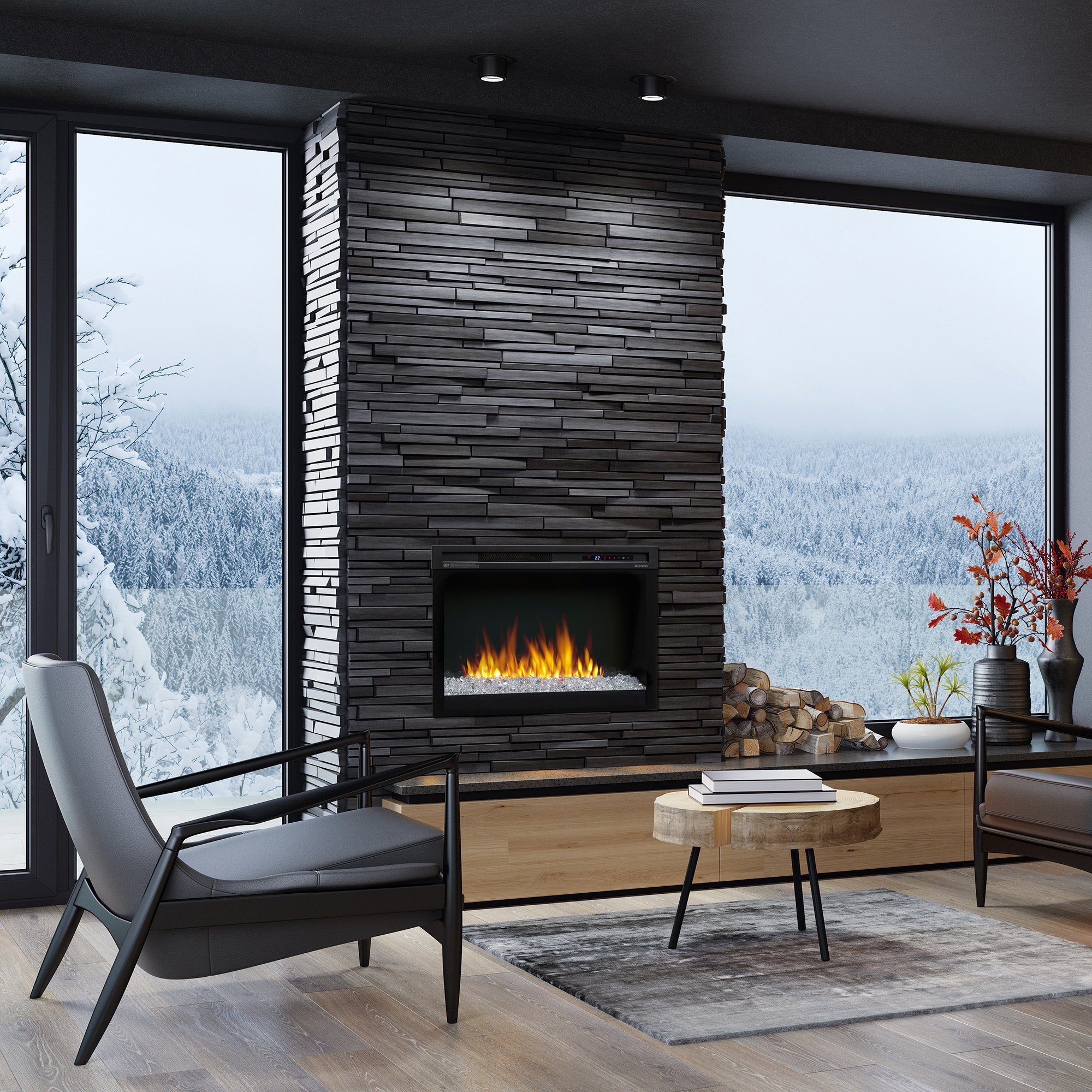 With a thin, black glass surround revealing flames that are vivid day or night, the Nova invites you to get cozy by the fire. Customize the flames and create the perfect atmosphere by adjusting the LED lighting with the remote control or built-in tou