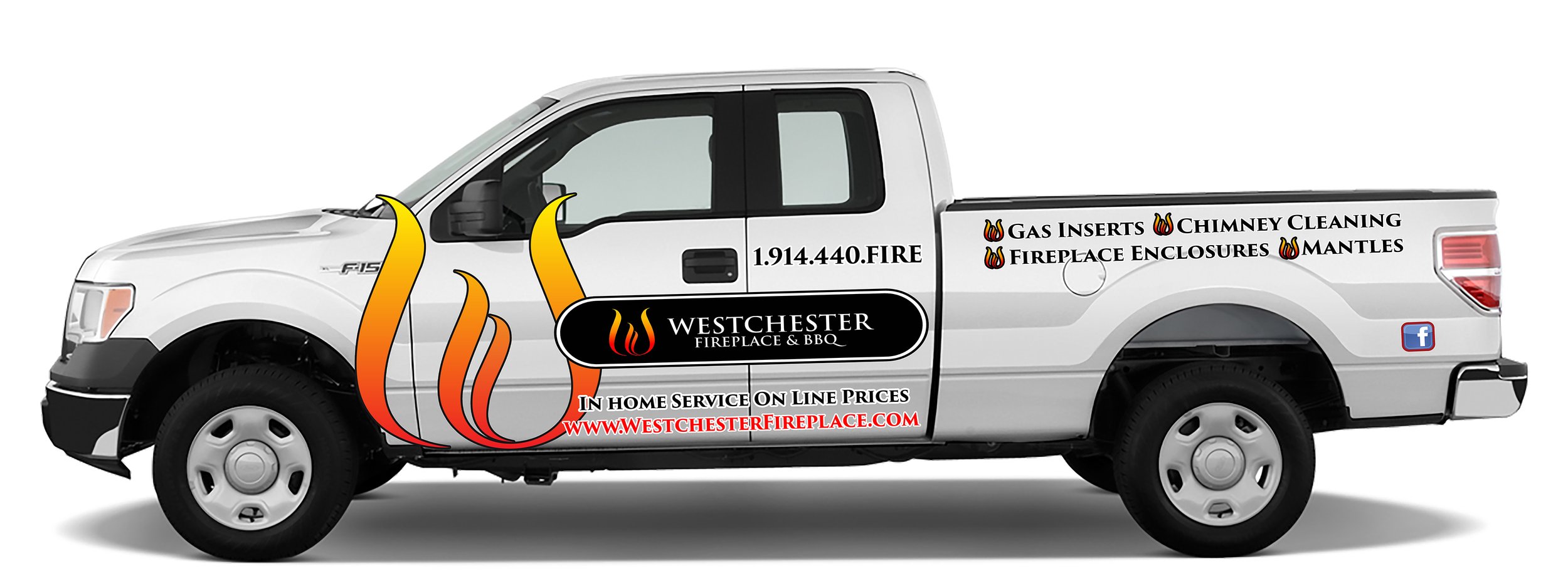 White pickup truck with black and red Westchester Fireplaces & BBQ logo and contact information, and advertising for fireplace services with flame graphics and Facebook icon.