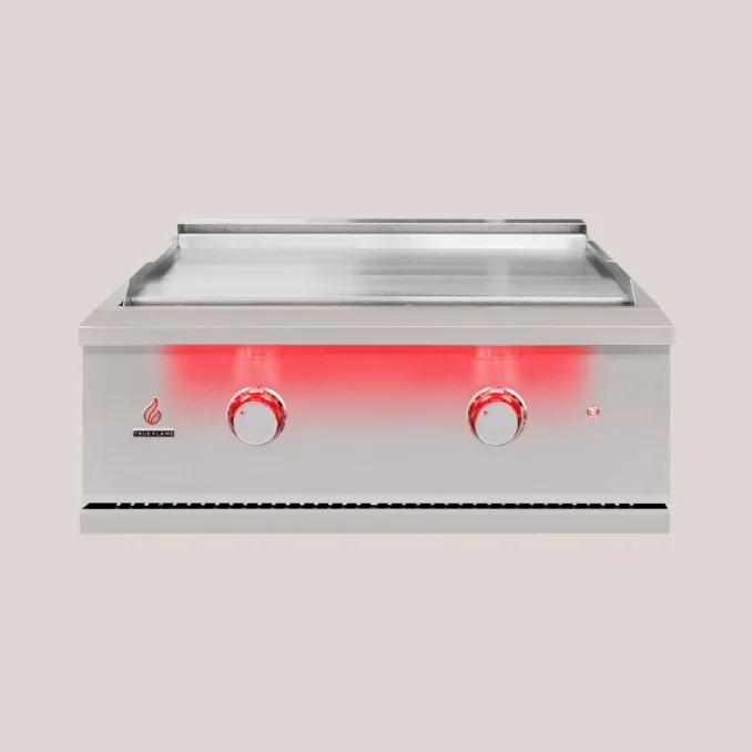 TrueFlame Griddle 32' Built in. Explore new flavors with the premium TrueFlame Gas Griddle. This heavy-duty #304 stainless steel flat top grill diversifies your outdoor kitchen menu with 495 square inches of cooking space and 36,000 BTUs of searing p