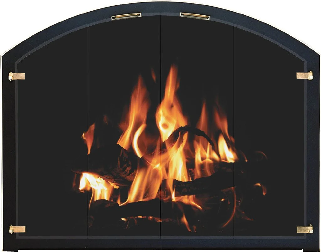 A black fireplace with flames inside and logs burning.