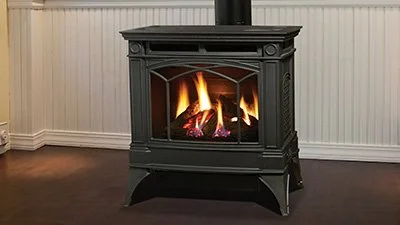 Hampton® H35 Gas Stove
Large freestanding gas stove with electronic ignition. Transform a room with this beautiful cast iron direct vent gas stove which is available in three finishes.