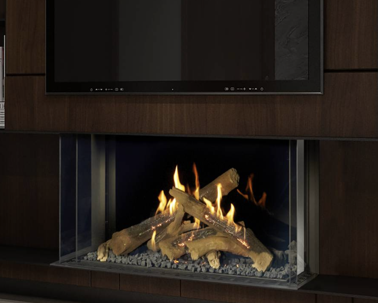 A modern fireplace with a glass front and burning logs, positioned below a flat-screen television mounted on a wooden wall.
