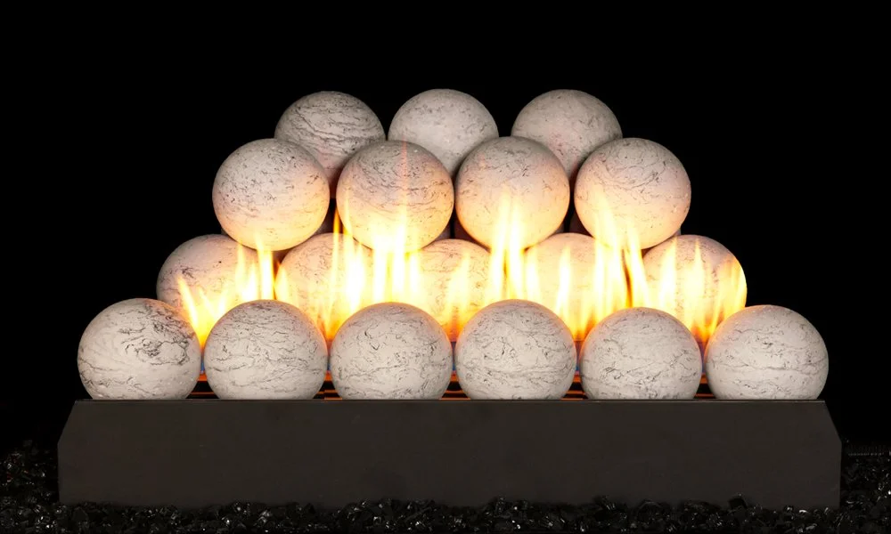 Carrera Marble G23 Fyre Spheres
Beautiful Carrera Marble Fyre Spheres provide a contemporary alternative to traditional gas logs. These 4″ robust spheres are a striking addition to your fireplace. Beautifully showcased on the new vent-free G23 Burner