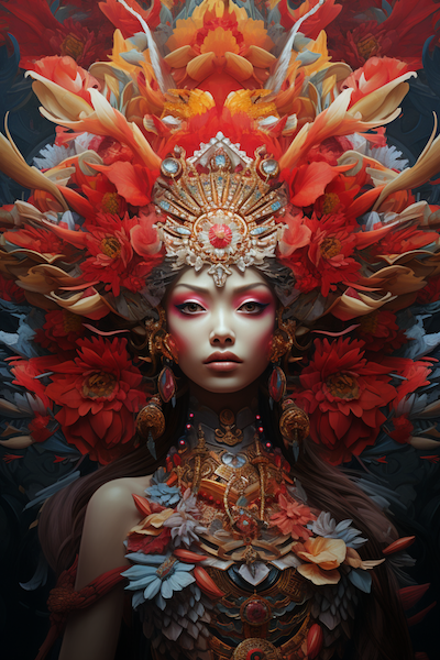 powerful asian woman wearing ornate headdress and gown in fiery colors staring directly into camera