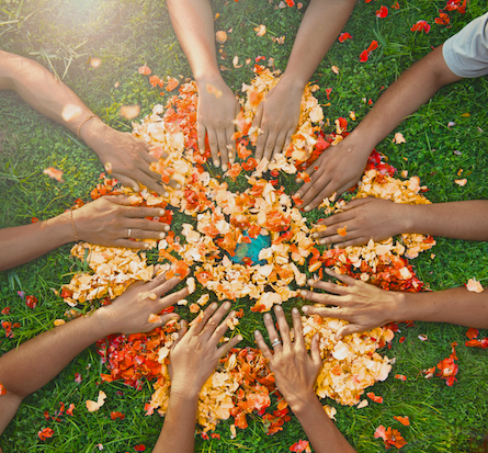group of women's hands reaching to center of circle of flower petal mandala