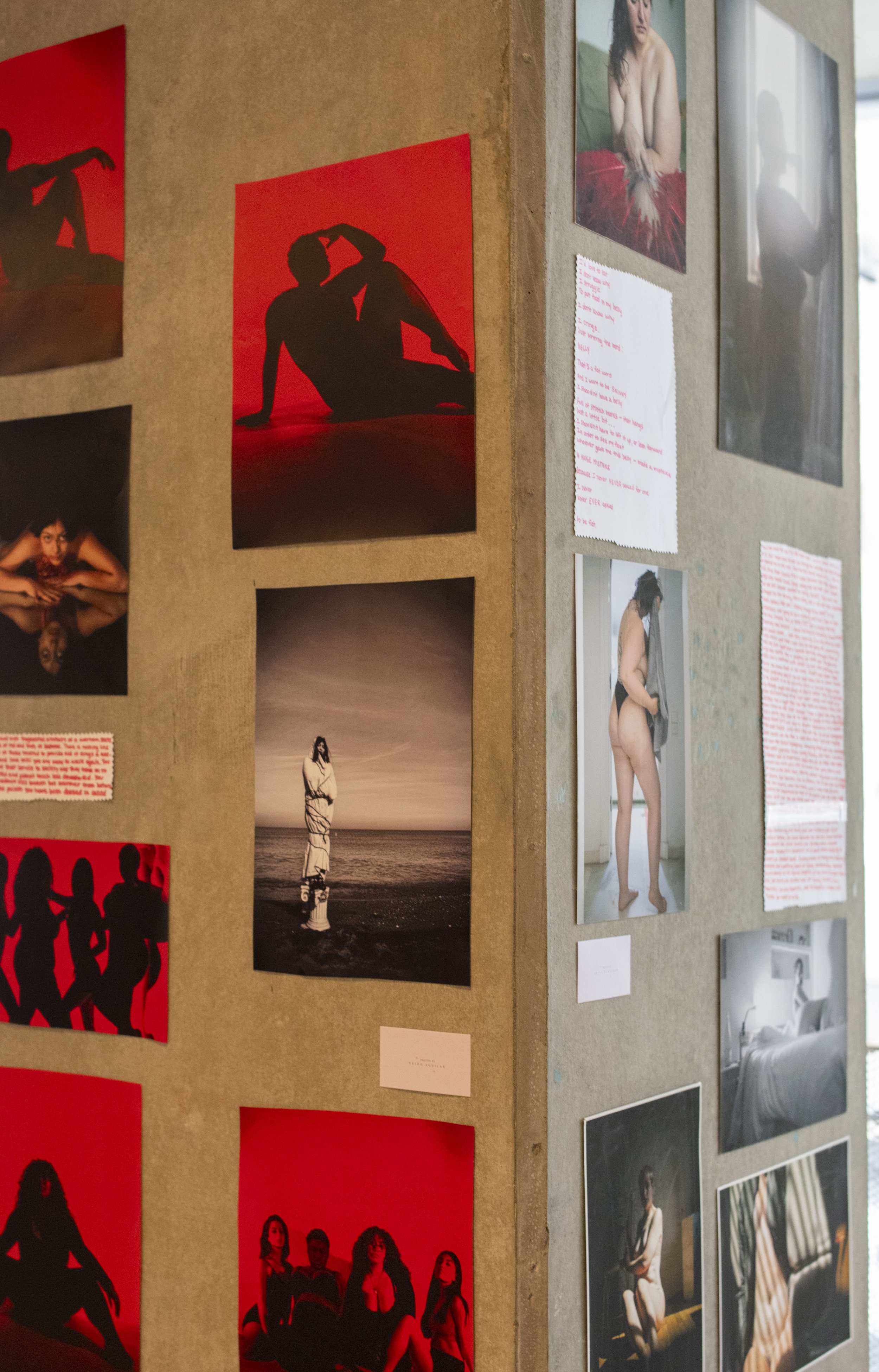 Display board with various photographs of people, including silhouettes, posed portraits, and candid shots, some with red backgrounds and others in natural settings.