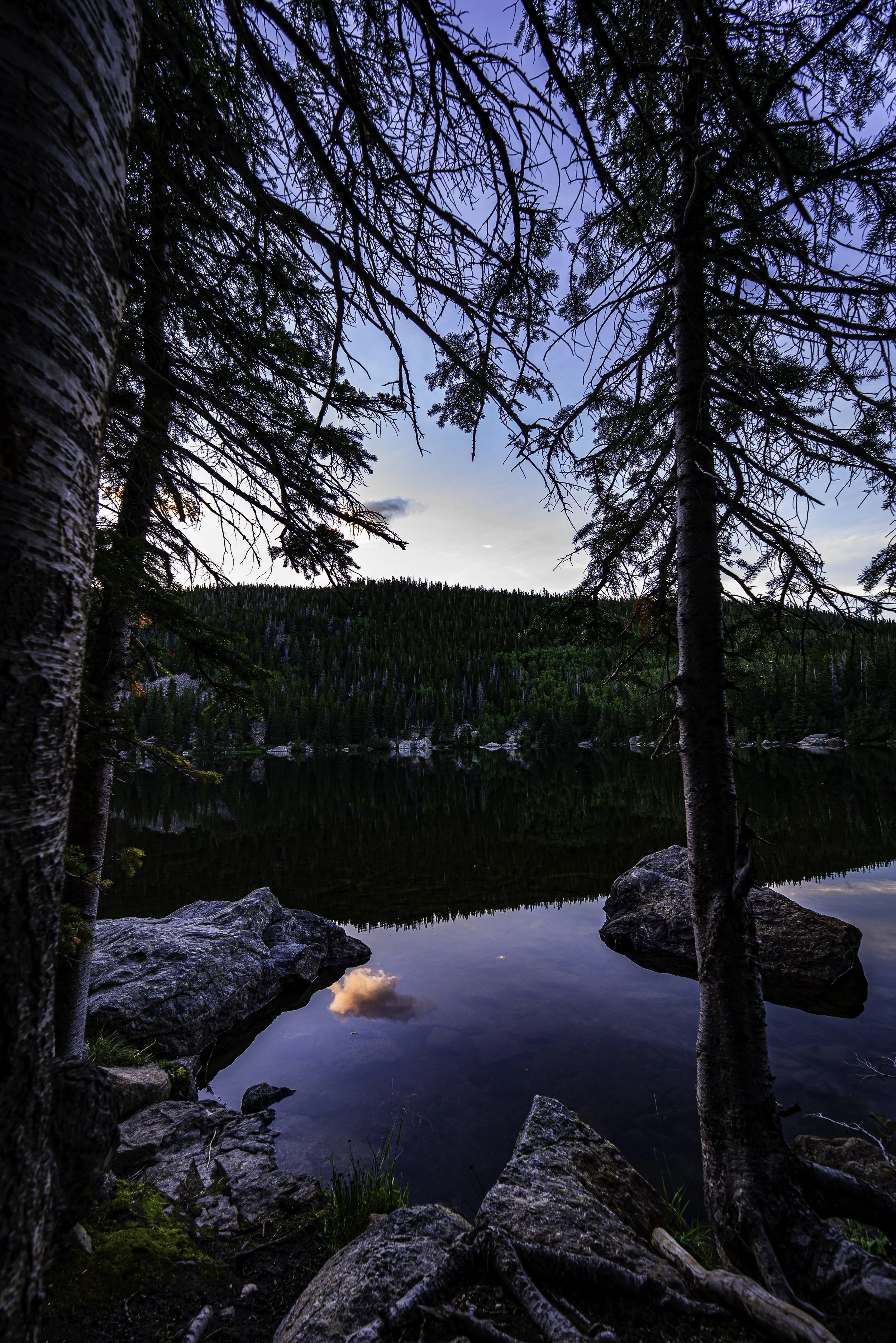 A tranquil lake surrounded by forested hills, with rocks and trees in the foreground, and a partly cloudy sky reflected in the water.