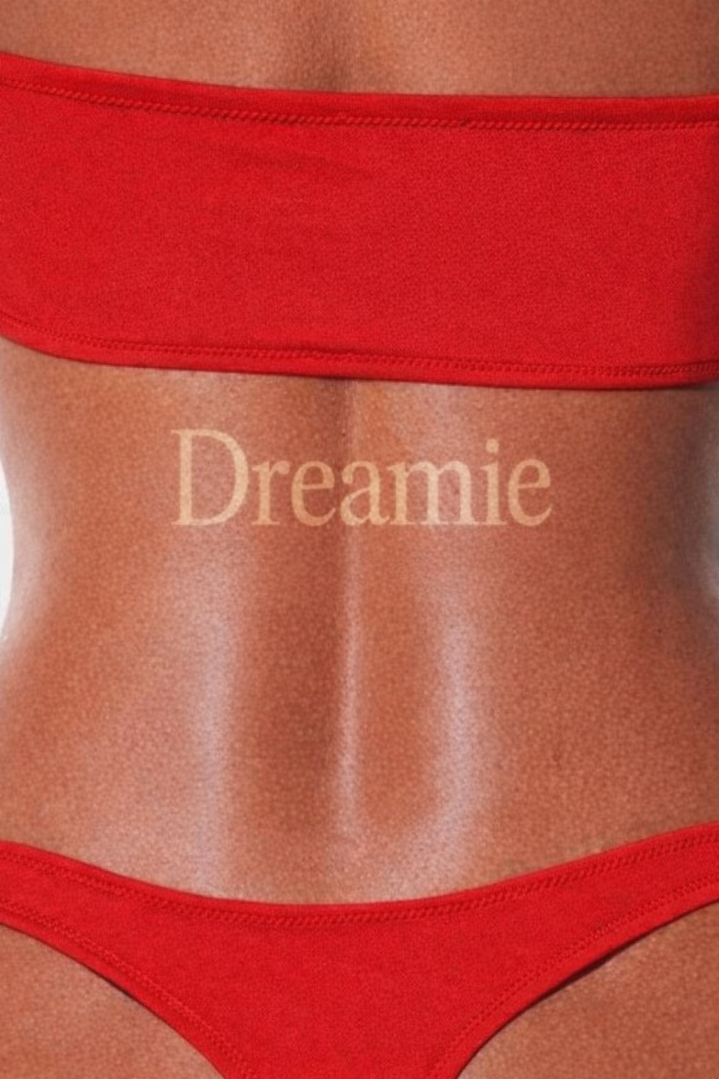 Close-up of a person wearing red underwear with the word "Dreamie" written on their lower abdomen.