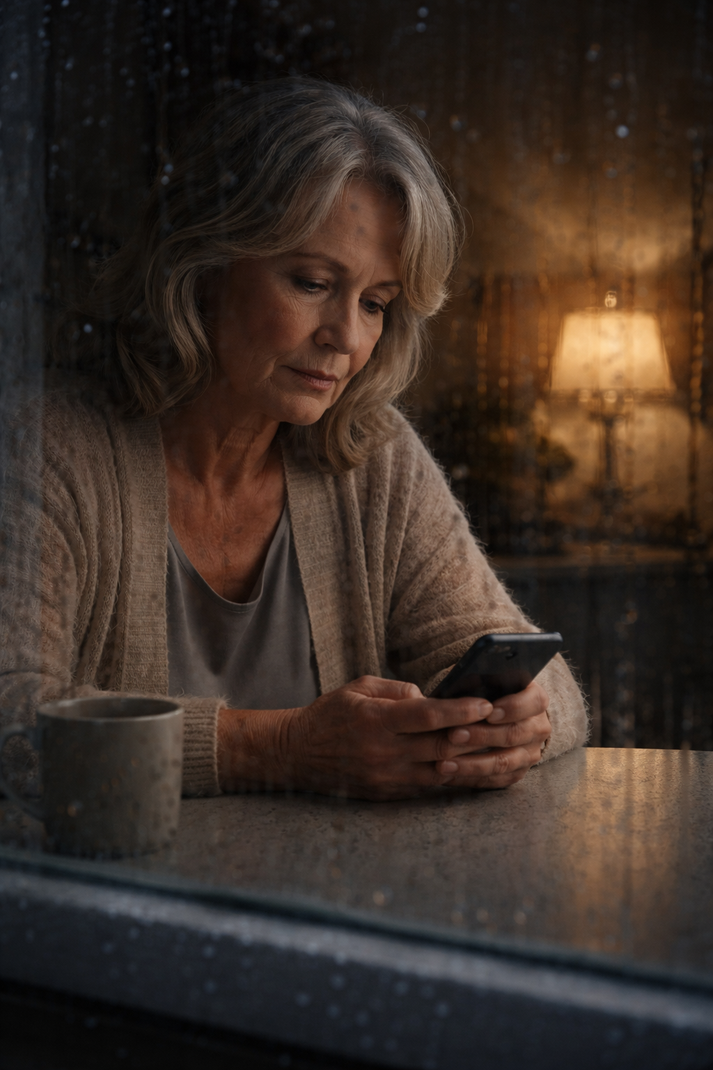 sad estranged grandma checking phone