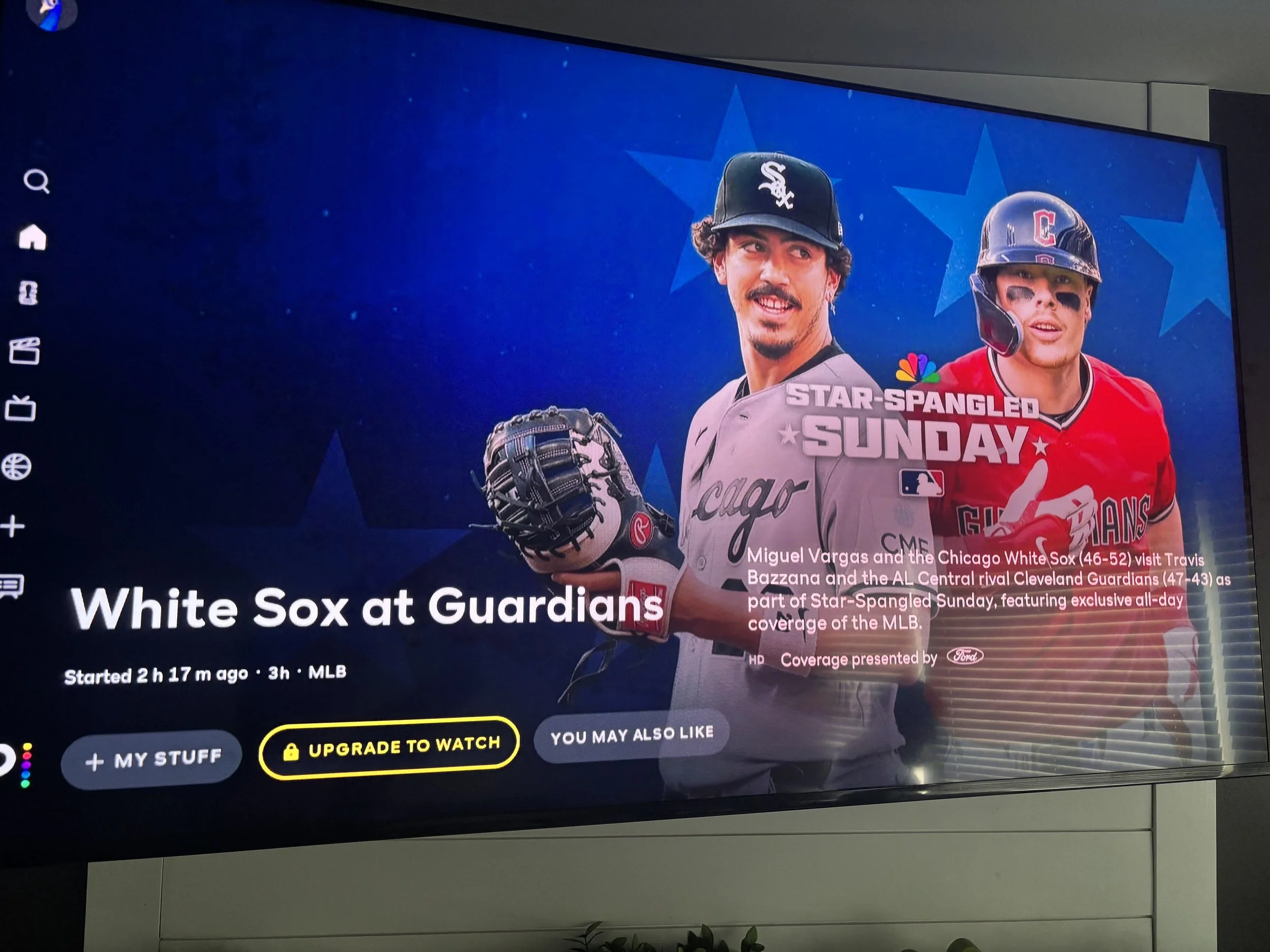 A photo of my tv, promoting the Sox-Guards as part of "Star-Spangled Sunday" on Peacock.  Upgrade to watch.