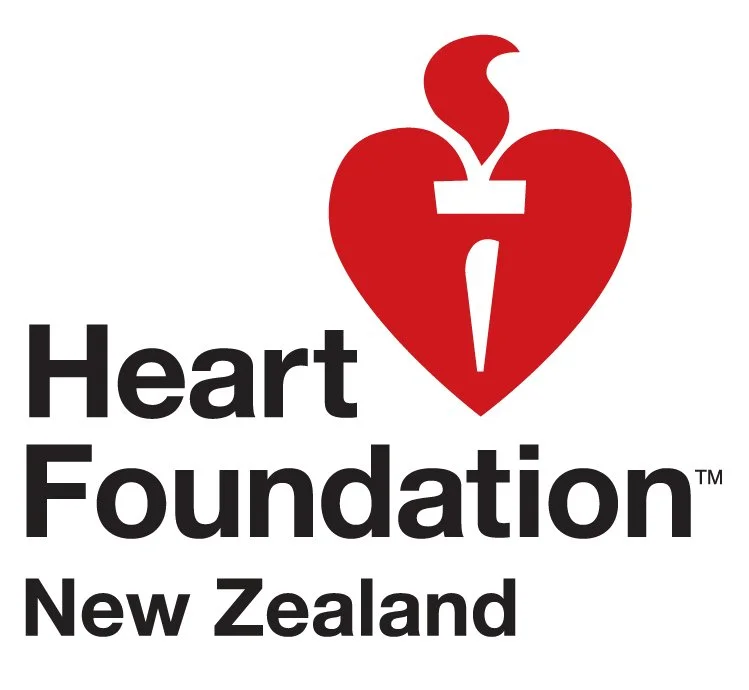 Heart Foundation logo featuring a stylized red heart with a white medical device shape inside, and the text 'Heart Foundation New Zealand' below.