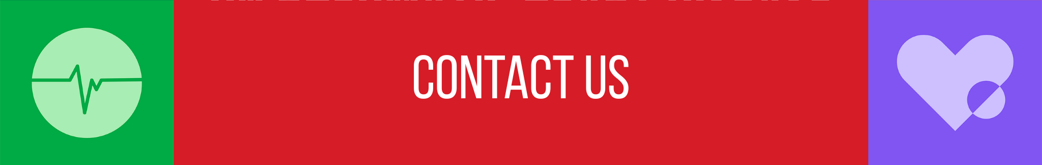 A colorful banner with a green section featuring a heartbeat icon, a red section with white text saying 'Contact Us', and a purple section with a purple heart icon.