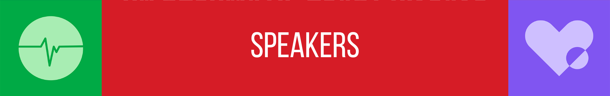 Colorful banner with green, red, and purple sections, displaying icons of a heart monitor, the word 'SPEAKERS', and a heart with a stethoscope.