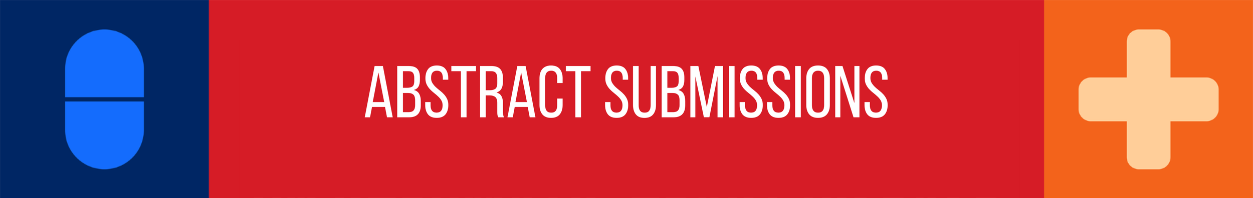 A graphic design with a dark blue left section containing a blue pill icon, a red middle section with white text that says 'ABSTRACT SUBMISSIONS,' and a right orange section with a beige plus icon.