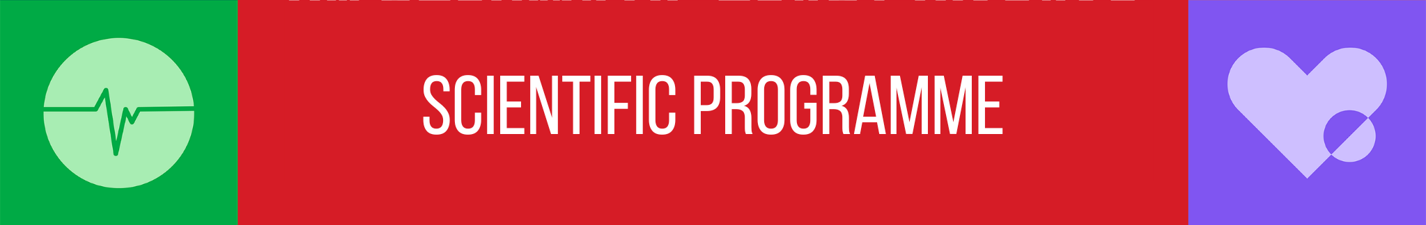 Banner with green, red, and purple sections, displaying icons of a heartbeat, a magnifying glass over a heartbeat, and a heart with a stethoscope, with the text 'Scientific Programme' in the red section.