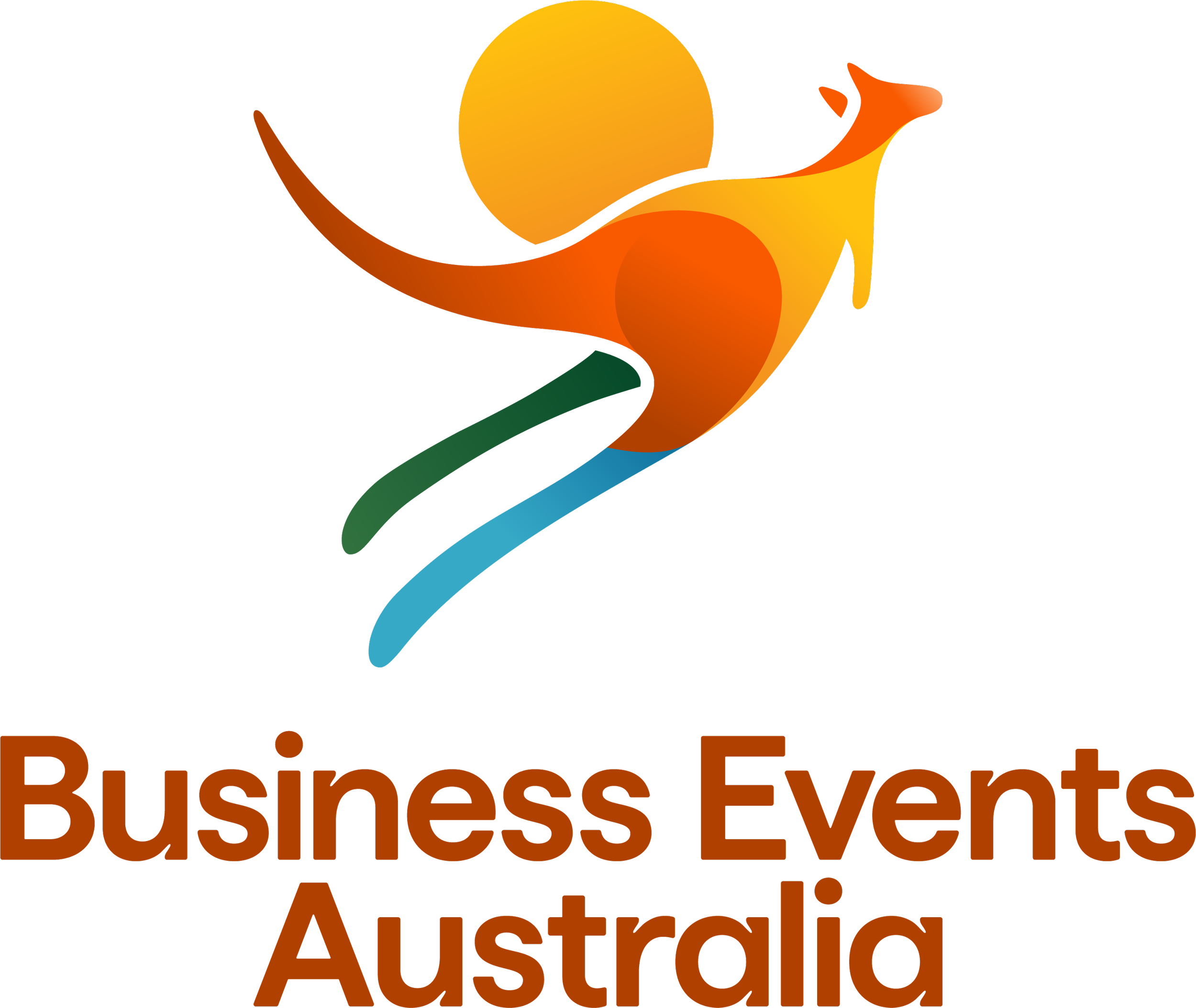 A colorful logo featuring a kangaroo with a rising or setting sun behind it, along with the text 'Business Events Australia' in bold, brownish-orange letters.