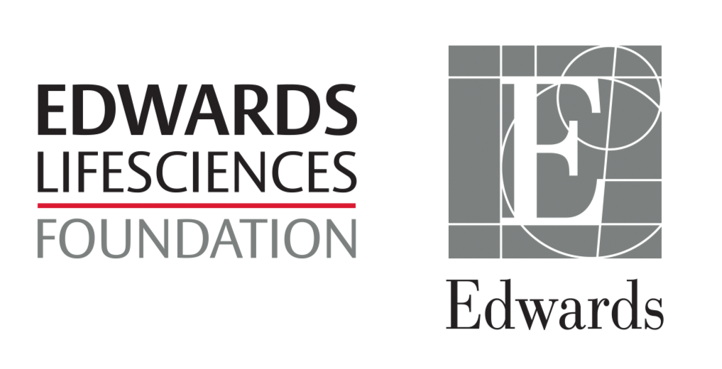 The image features two logo designs for the Edwards Lifesciences Foundation. The first logo has the text "EDWARDS LIFESCIENCES FOUNDATION" with "EDWARDS" in bold, "LIFESCIENCES" in regular font, and a red line under "LIFESCIENCES". The second logo is a stylized letter "E" inside a geometric square pattern, with the word "Edwards" in a serif font below.