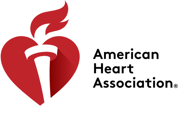 Red heart with a torch in the center and flames above, next to the text 'American Heart Association'
