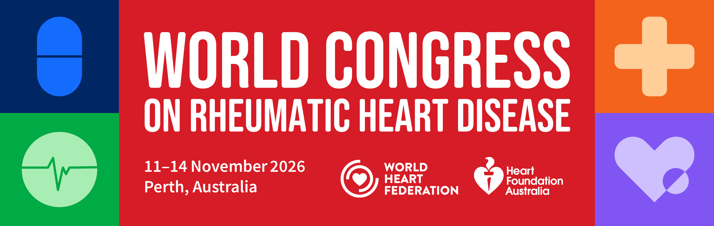 Poster for World Congress on Rheumatic Heart Disease, held from November 11 to 14, 2026, in Perth, Australia, with logos of the World Heart Federation and Heart Foundation Australia, and colorful icons representing heart and health.