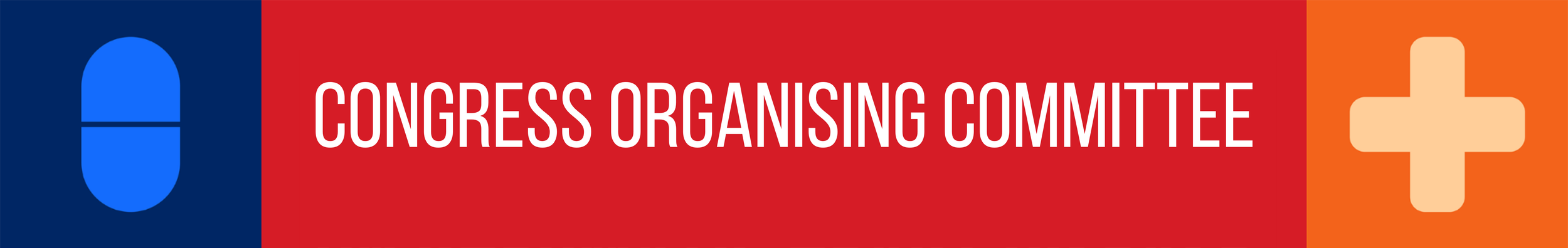 Red banner with white text reading 'Congress Organising Committee'. Left side has a blue circle shape, and right side has an orange plus sign.