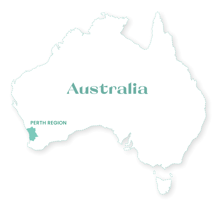 Map of Australia with the word 'Australia' in the center and 'Perth Region' highlighted in the southwest.