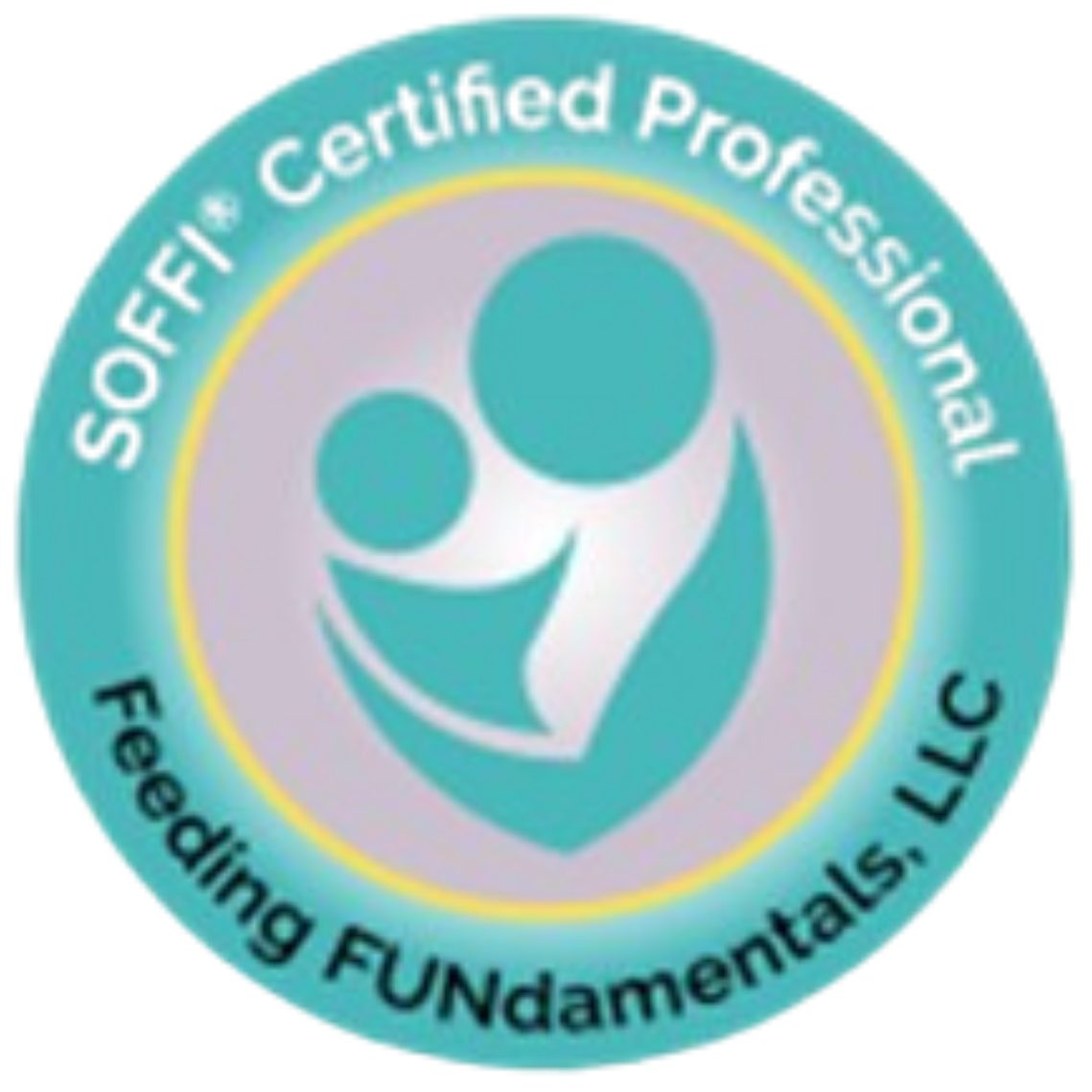 A circular logo with a teal border reading 'Society of Certified Professionals' and 'Feeding Fundamentals, LLC'. The center features stylized teal figures of a larger and smaller person, representing care or support.